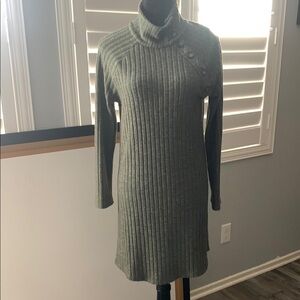 Green Ribbed Sweater Dress with Button Details